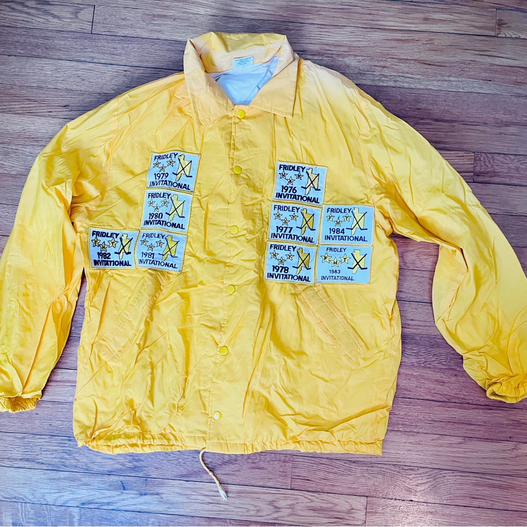 Vintage Yellow Lined Jacket With Fridley Field Hockey Invitational Patches Vintage Yellow Lined Jacket With Fridley Field Hockey Invitational Patches